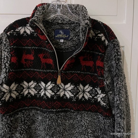 Simply Southern Womens 1/2 Zip Sherpa Fleece Jacket S Black Red Pullover Sweater - Picture 2 of 5